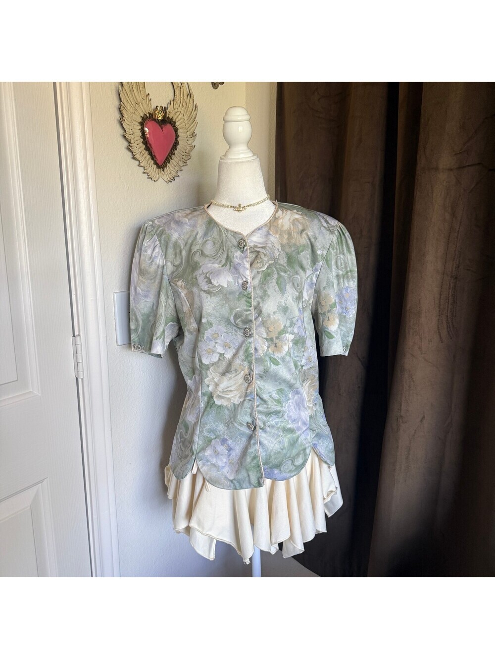 Vintage 1980's Watercolor Floral Scalloped Blouse Shoulder Pads Cottagecore